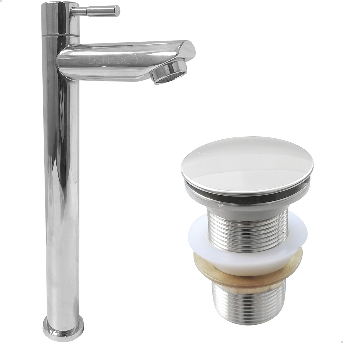 Torneira Pia Banheiro Bica Alta Cromada 1/4 De Volta E Valvula Click 1 1/4 Inox Kit Banheiro