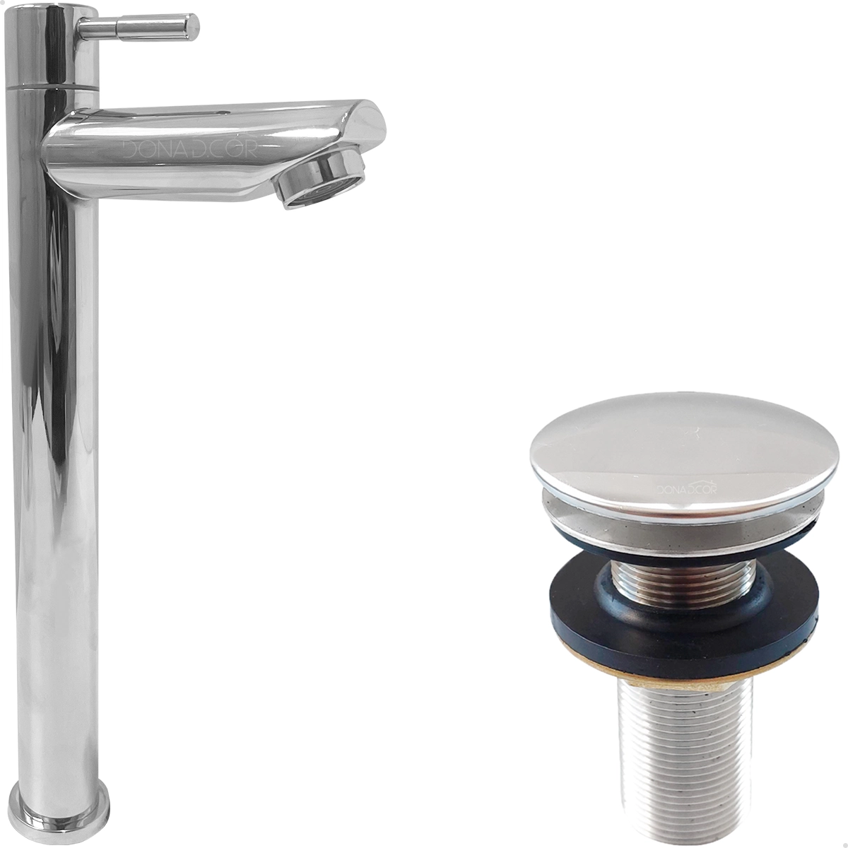 Torneira Pia Banheiro Bica Alta Cromada 1/4 De Volta E Valvula Click 7/8 Inox Kit Banheiro
