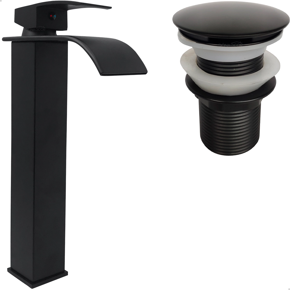 Torneira Preta Monocomando Quadrada Bica Alta Cascata E Valvula Click 1 1/4 Inox Kit Banheiro Pia