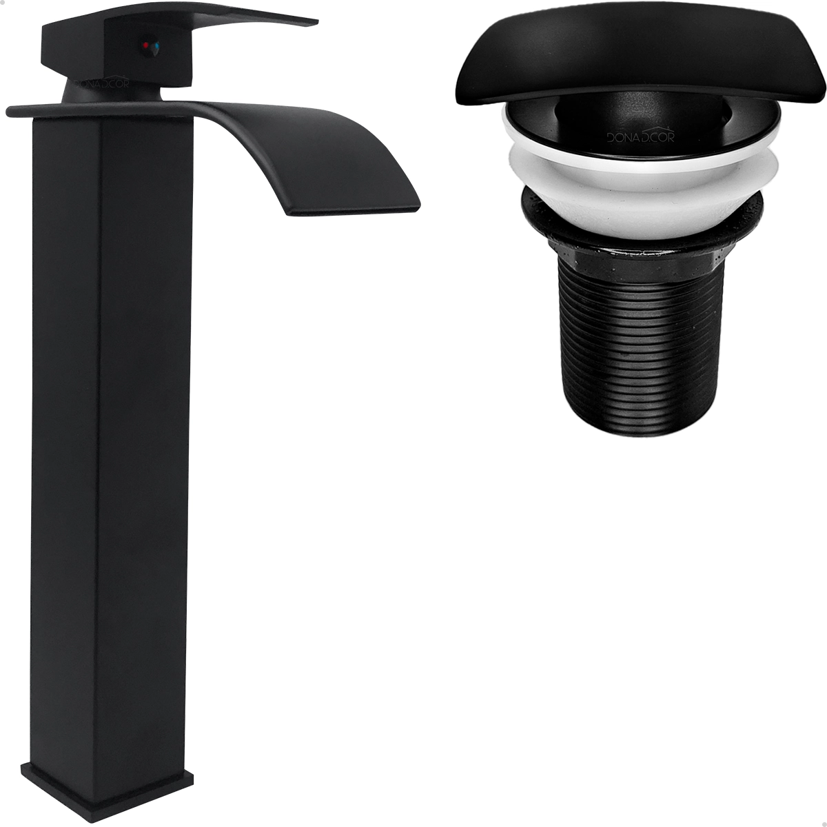 Torneira Preta Pia Banheiro Bica Alta Cascata E Valvula Click Tampa Quadrada 1 1/4 Inox Monocomando
