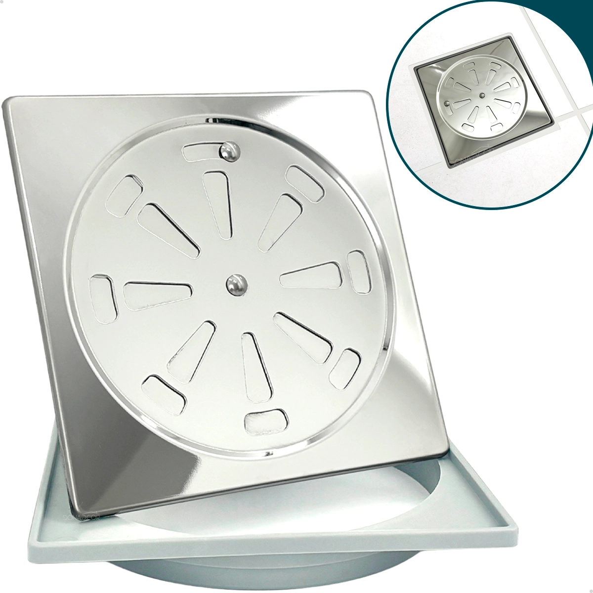 Porta Grelha De Plástico E Ralo Grelha Inox Quadrado 15x15 Kit Banheiro Caixilho Abs E Ralo Abre E Fecha Tampa Caixa