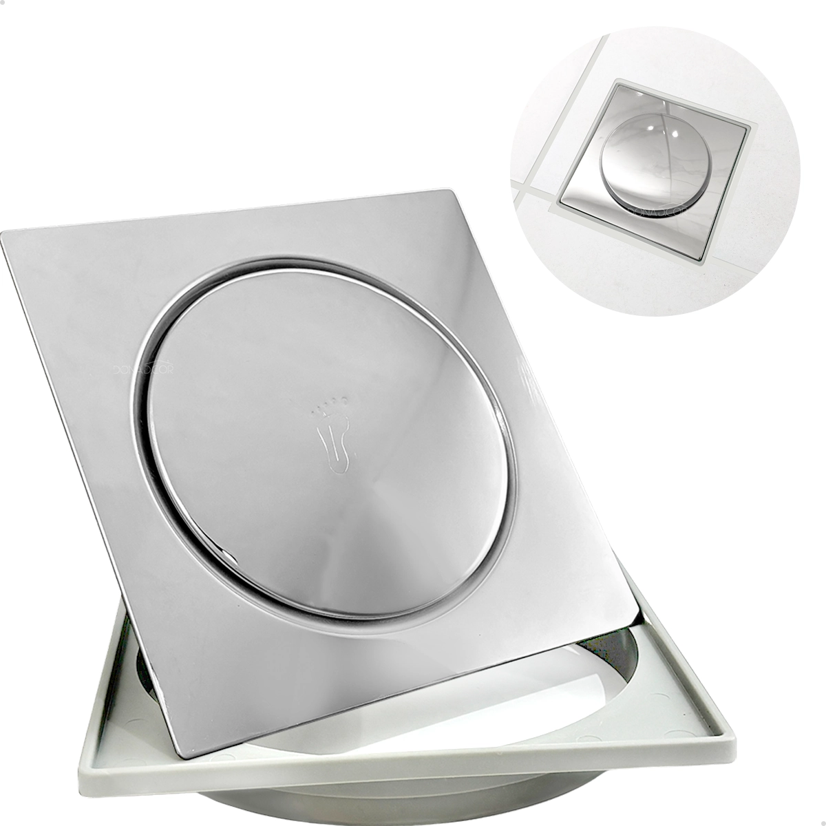 Porta Grelha De Plástico E Ralo Click 15x15 Inox Quadrado Kit Banheiro Caixilho Abs E Tampa Ralo Caixa Sifonada 150mm