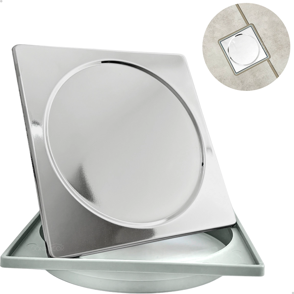 Porta Grelha De Plástico E Tampa Cega Inox 15x15 Quadrado Kit Banheiro Caixilho Abs E Tampa Caixa Sifonada 150mm Suporte
