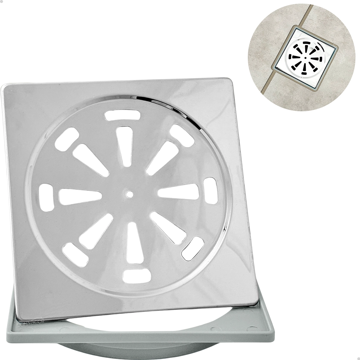 Porta Grelha Abs E Ralo Simples Inox Quadrado 15x15 Kit Banheiro Caixilho Suporte Para Ralo Box