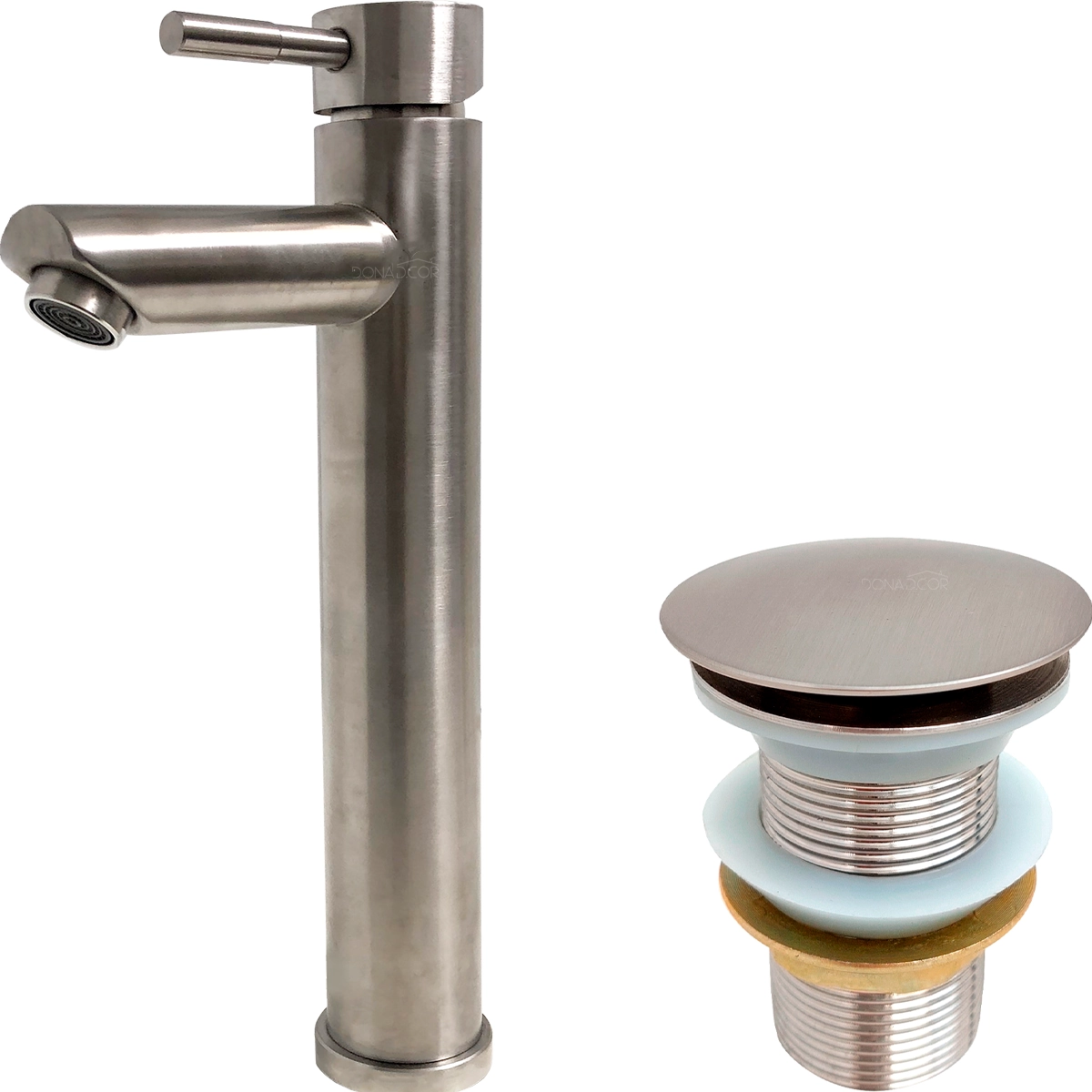 Kit Torneira Banheiro Alta E Ralo De Pia 1 1/4 Inox Escovado Valvula Click Escoamento Cuba 40mm E Torneira Lavatorio