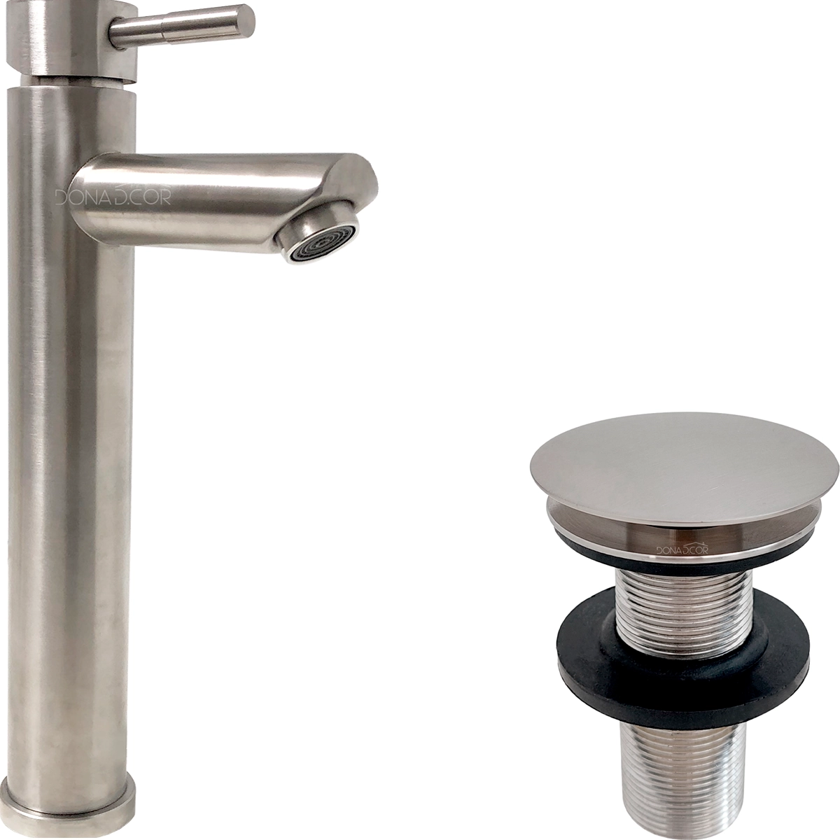 Kit Torneira Banheiro Alta E Ralo De Pia 7/8 Inox Escovado Valvula Click Escoamento Cuba 30mm