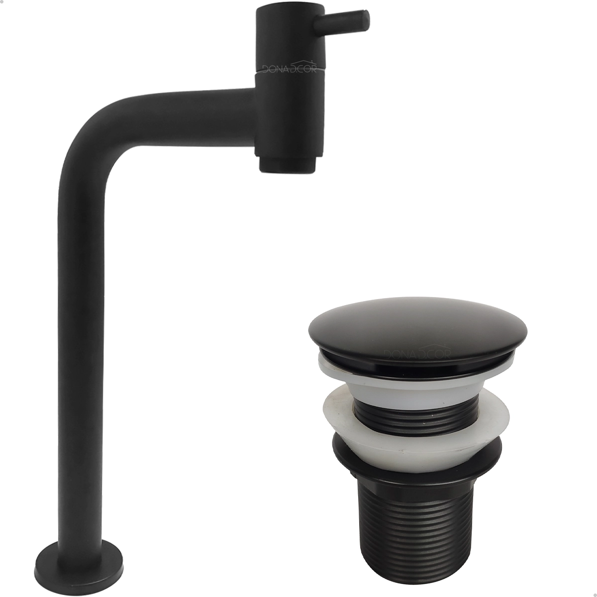 Torneira Pia Banheiro Preta Bica Alta 90 Graus E Valvula Click 1 1/4 Inox Torneira 90° Água Fria