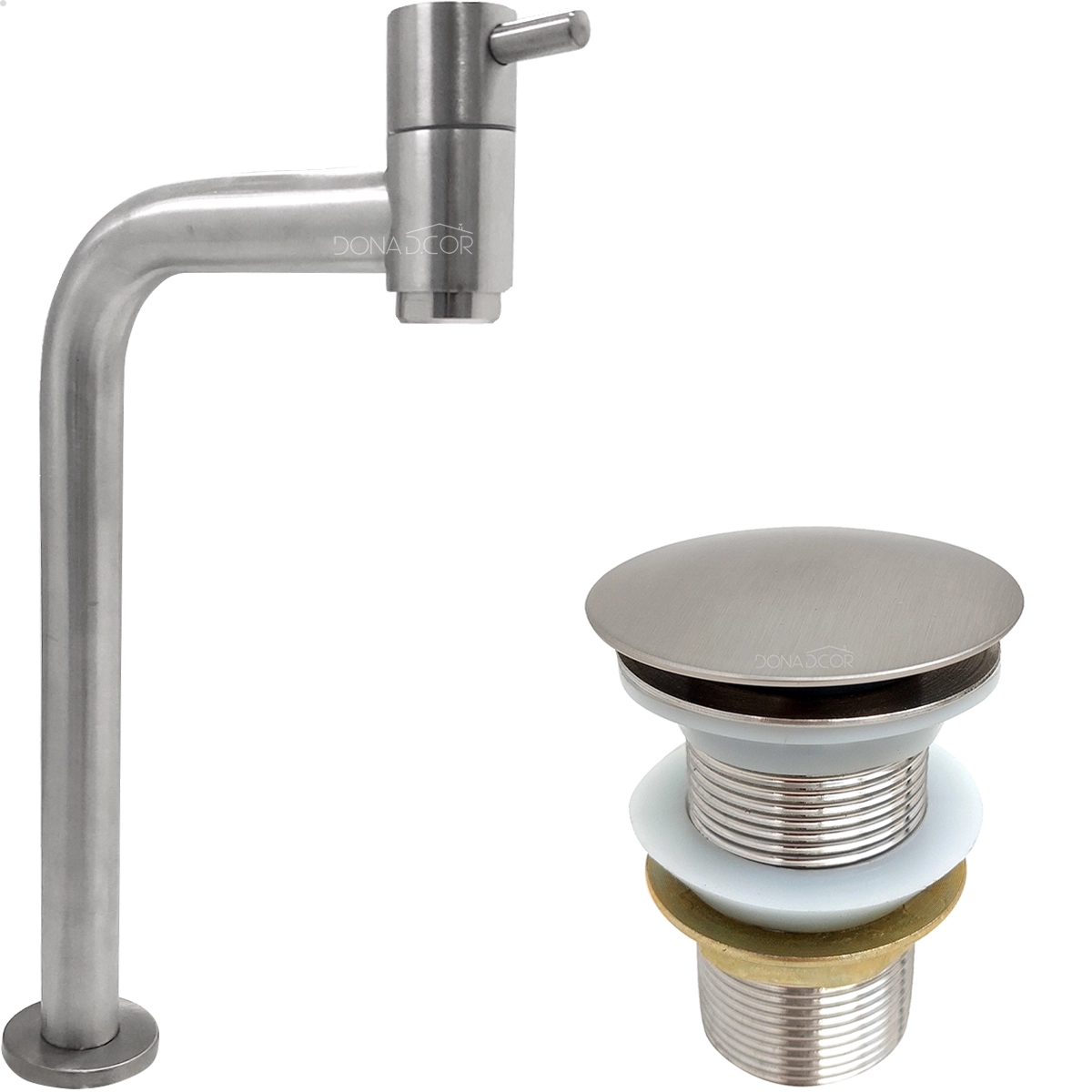 Torneira Pia Banheiro Escovada Bica Alta 90° E Valvula Click 1¼ Inox Fosco Kit Banheiro Torneira