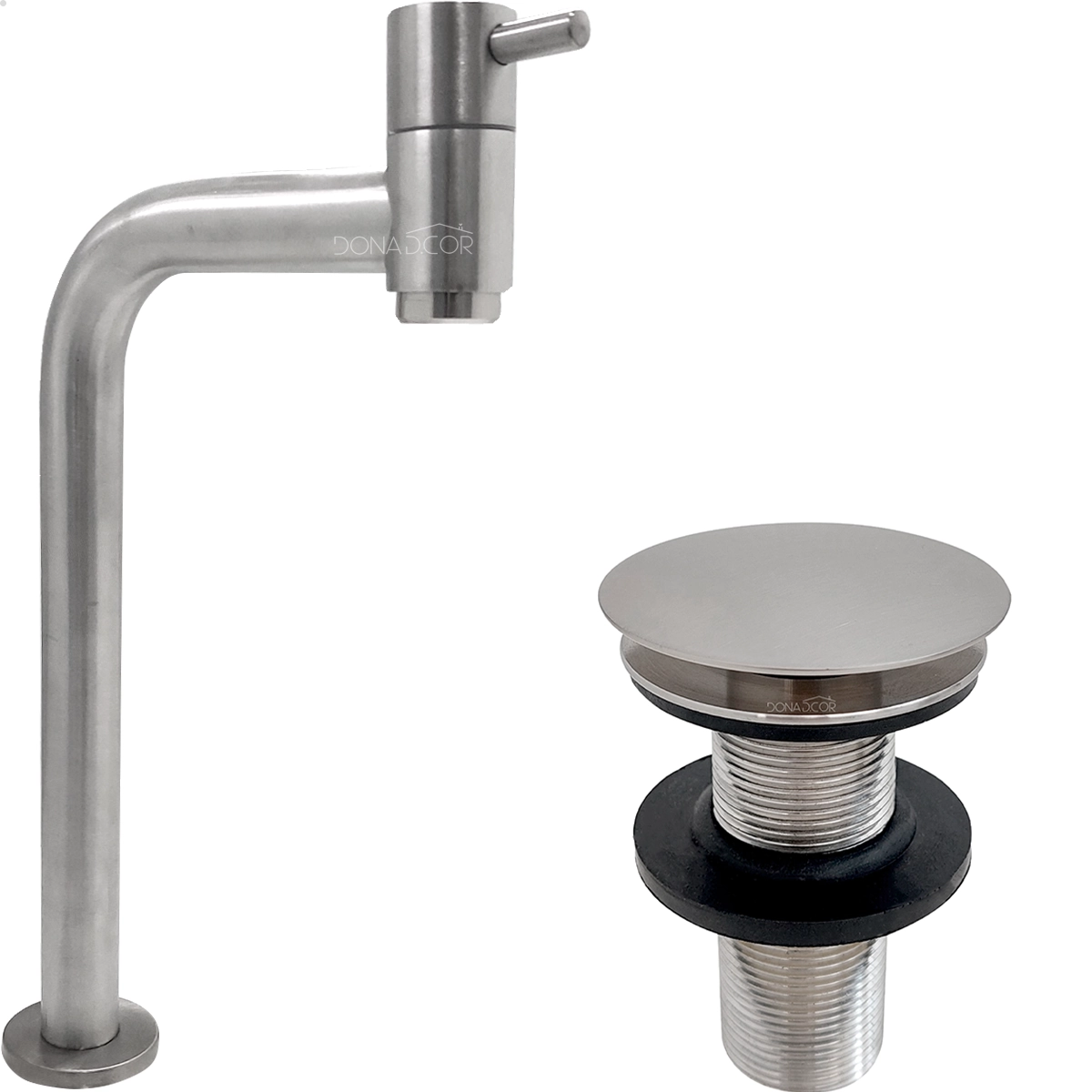 Torneira Pia Banheiro Escovada Bica Alta 90° E Valvula Click 7/8 Inox Fosco Kit Banheiro Torneira