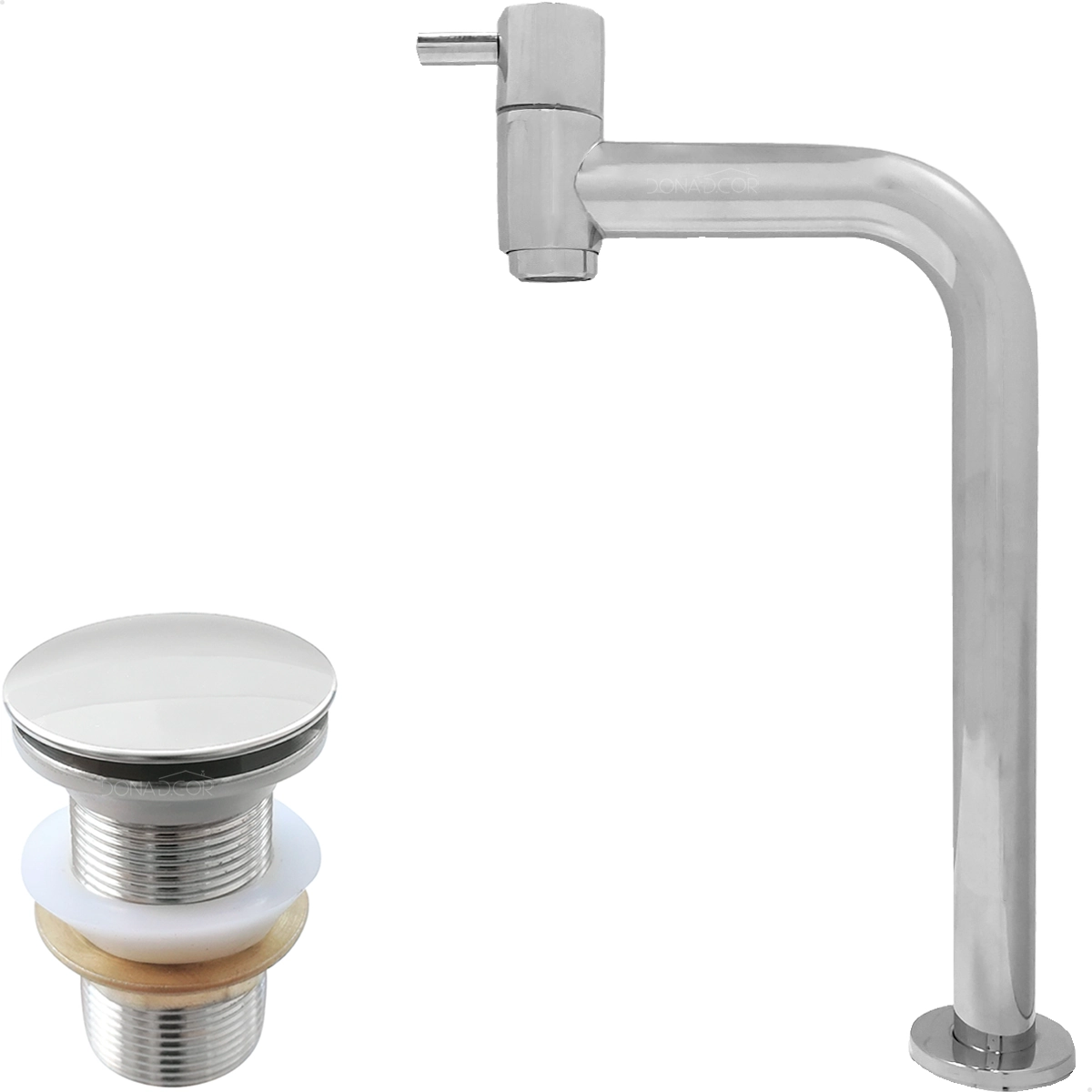 Torneira Bica Alta Pia Banheiro Cromada 90 Graus 1/4 De Volta E Valvula Click 1¼ Inox Kit Banheiro