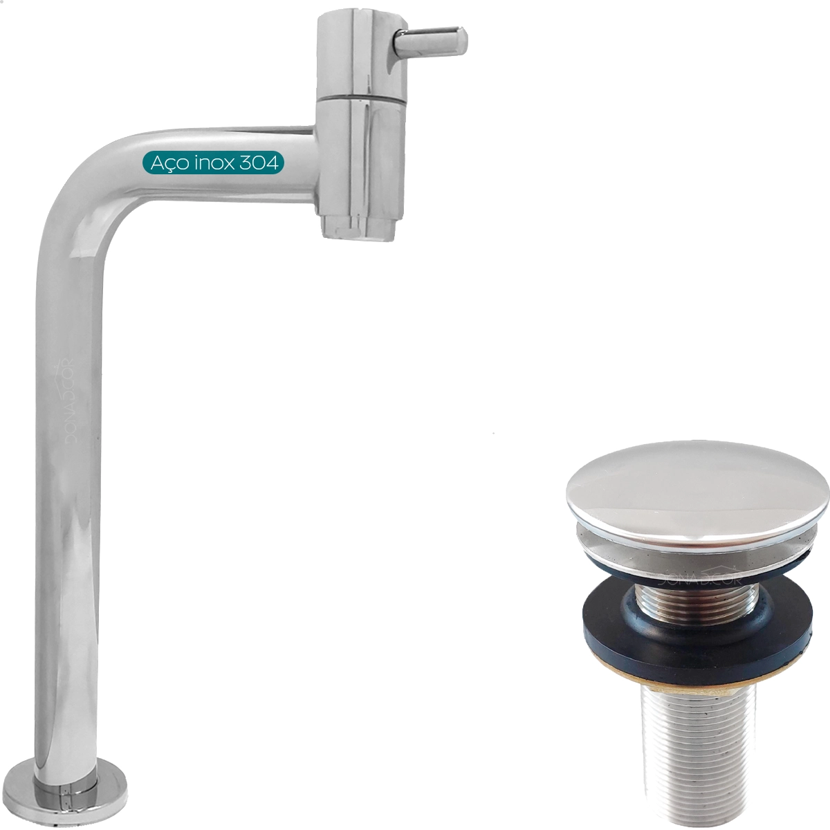 Torneira Bica Alta Pia Banheiro Cromada 90 Graus 7/8 De Volta E Valvula Click 7/8 Inox Kit Torneira
