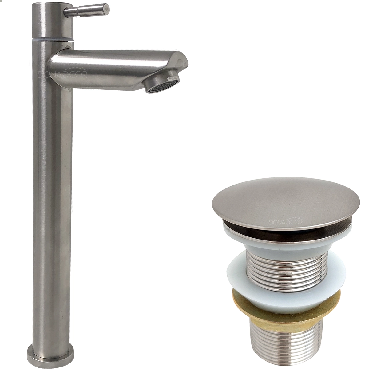 Torneira Pia Banheiro Escovada Bica Alta E Valvula Click 1 1/4 Inox Fosco Kit Banheiro Torneira Fria