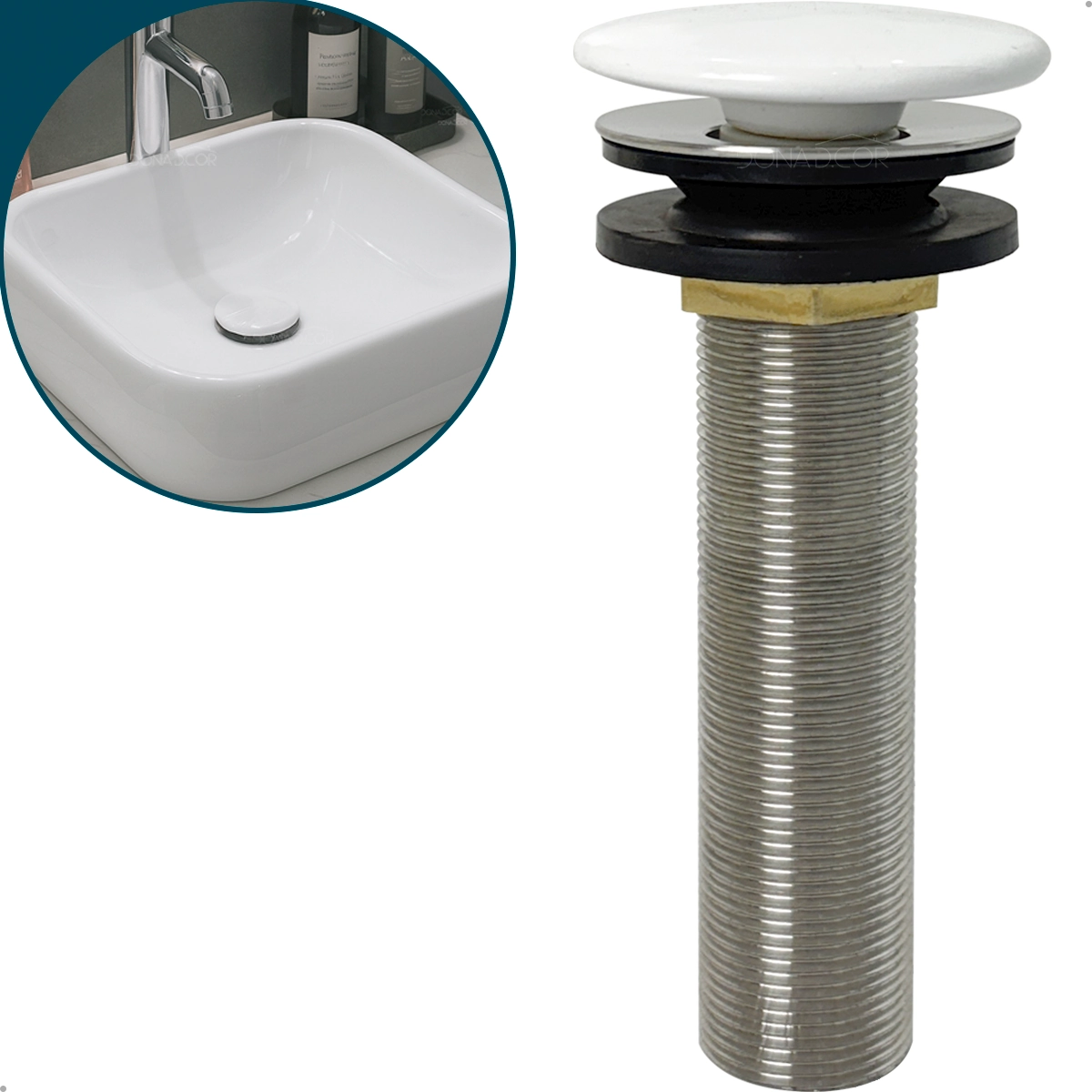 Válvula Click Longa Cerâmica 7/8 Pia Cuba De Sobrepor 13cm Ralo Escoamento De Banheiro Aço Inox 30mm