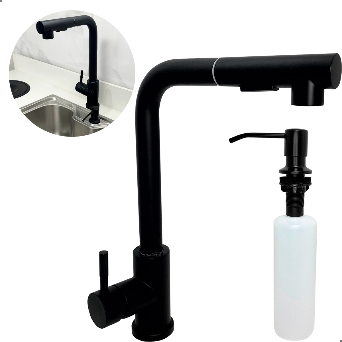 Torneira Gourmet Preta E Dispenser De Detergente 350ml De Embutir Kit Cozinha Inox Lavanderia Ilha