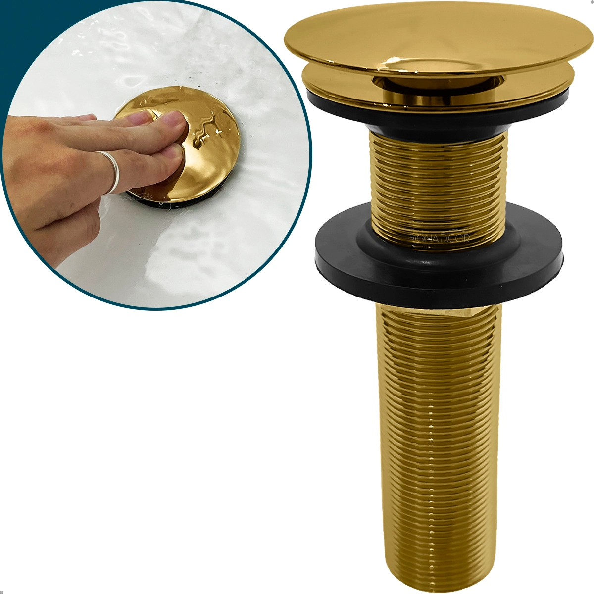Válvula Click Longa Dourada 7/8 Pia Cuba De Sobrepor 13cm Ralo Escoamento de Banheiro Aço Inox 30mm