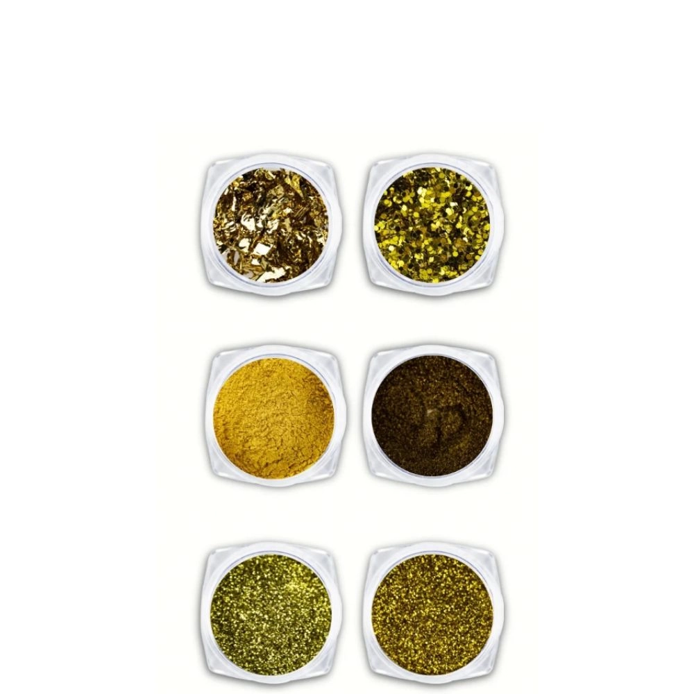 Kit Arte Seducao Glitter Po Cromado Metal P/unhas De Gel Dourado C/6un