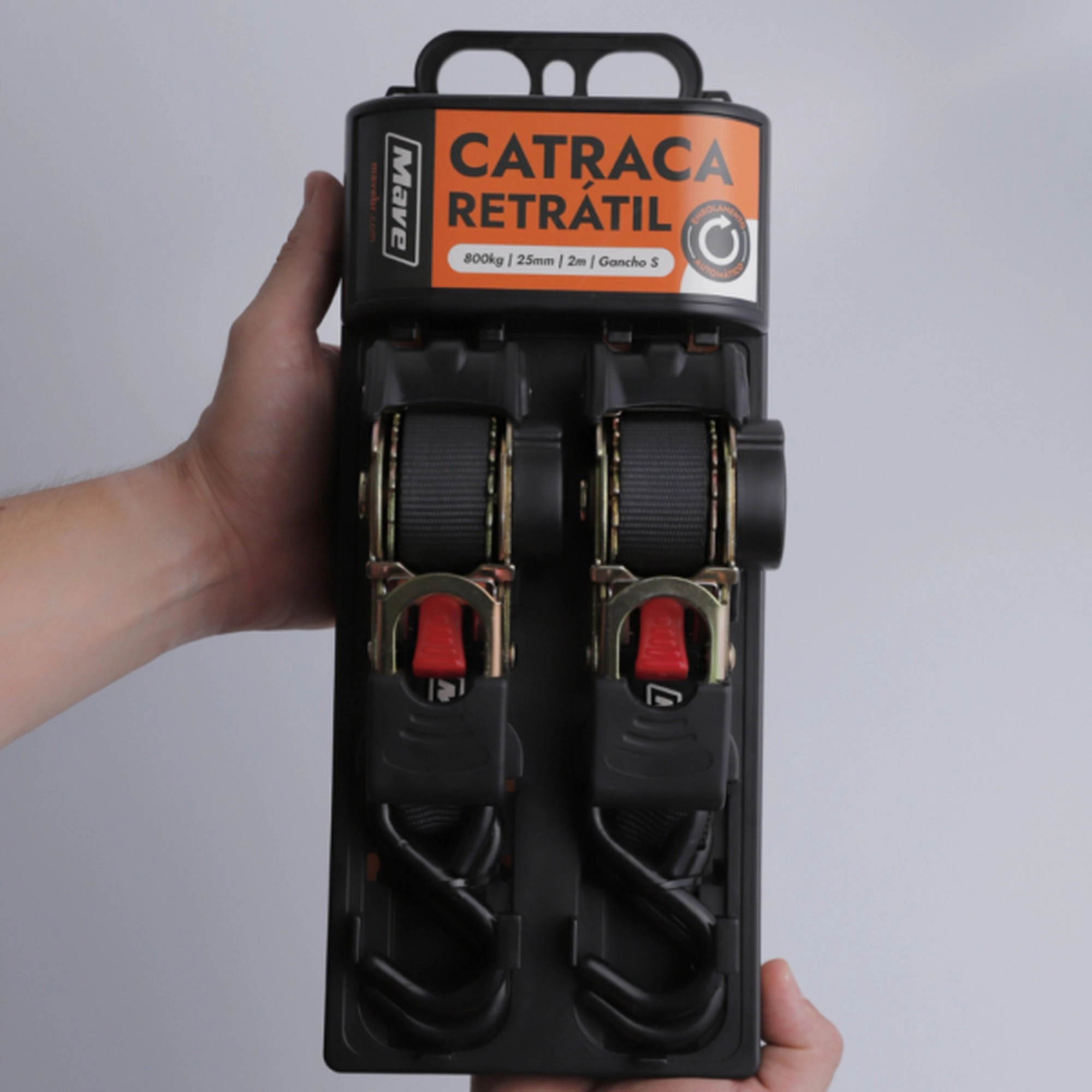 Cintas Conjunto Retrátil Mave 800kg 25mm 2mt Preto Fixação Segura E Alta Resistência