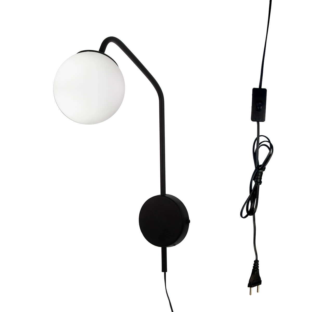 Arandela New Figo Preta C/ Plug E Interruptor - Vidro Branco