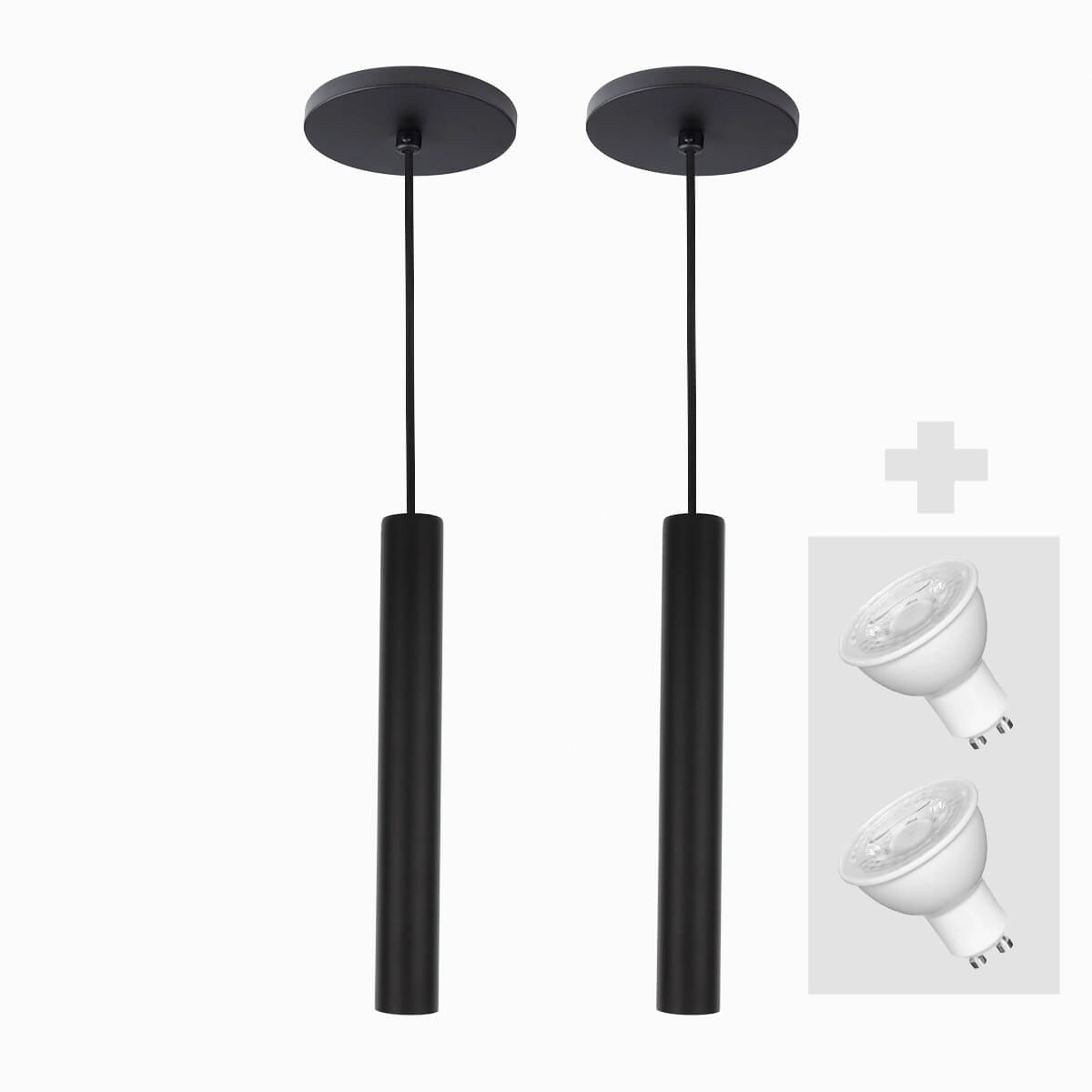 Kit 2 Pendente Tubo Palito 30cm - Preto + Lampada Led 4w