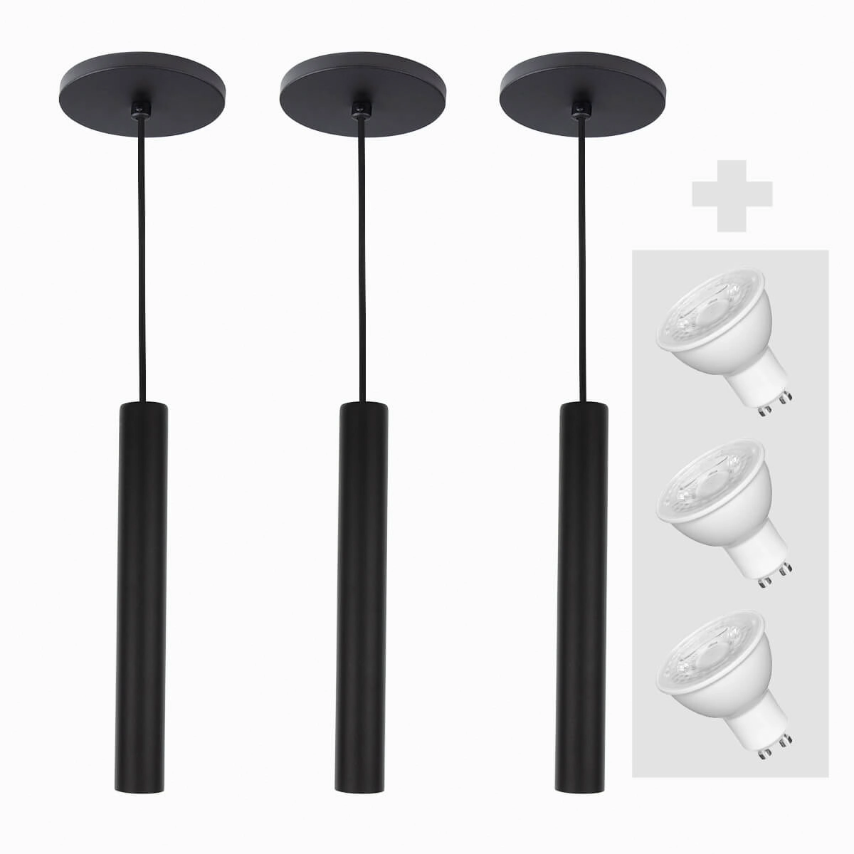Kit 3 Pendente Tubo Palito 30cm - Preto + Lampada Led 4w