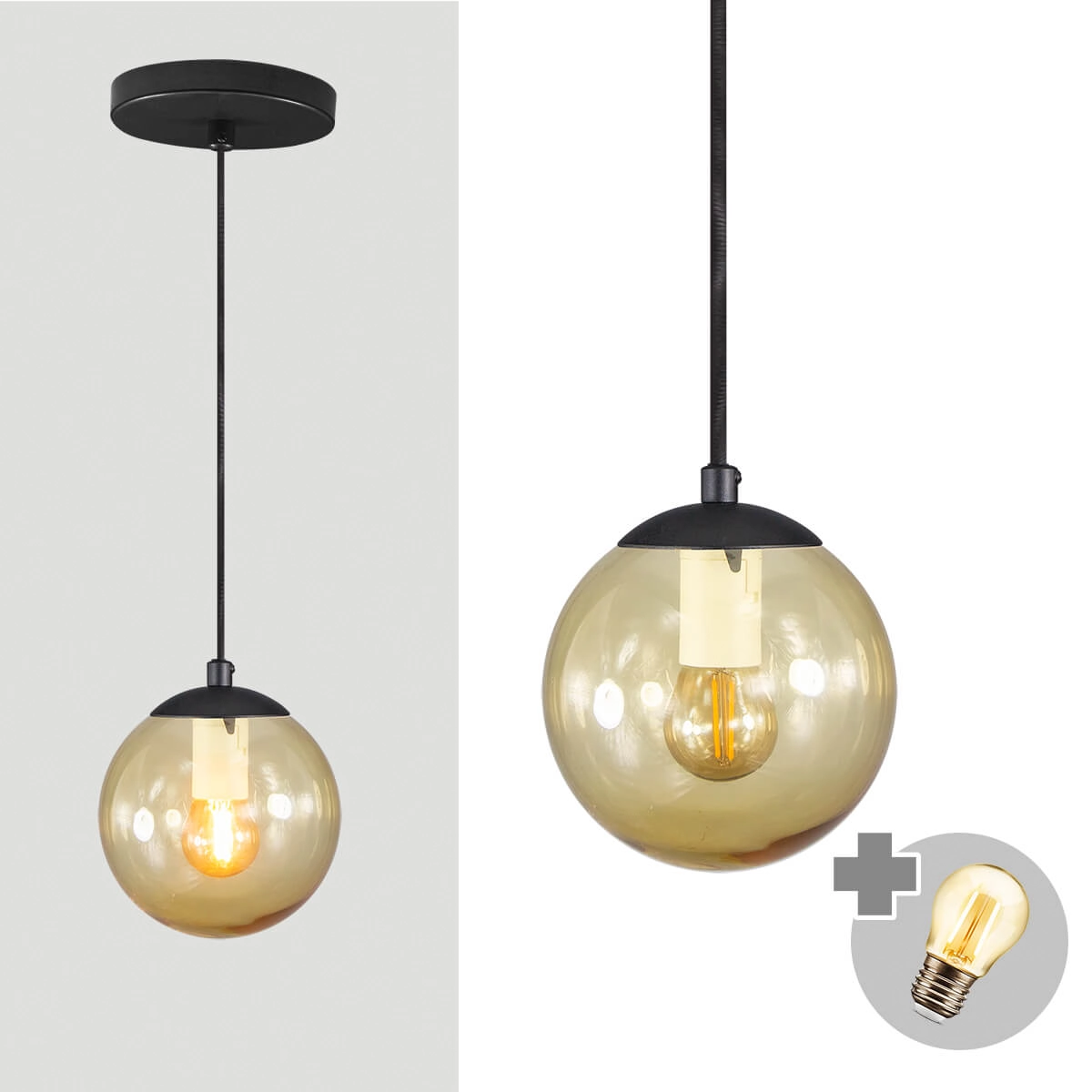 Pendente Preto C/ Globo De Vidro Âmbar De 14cm + Led 2w