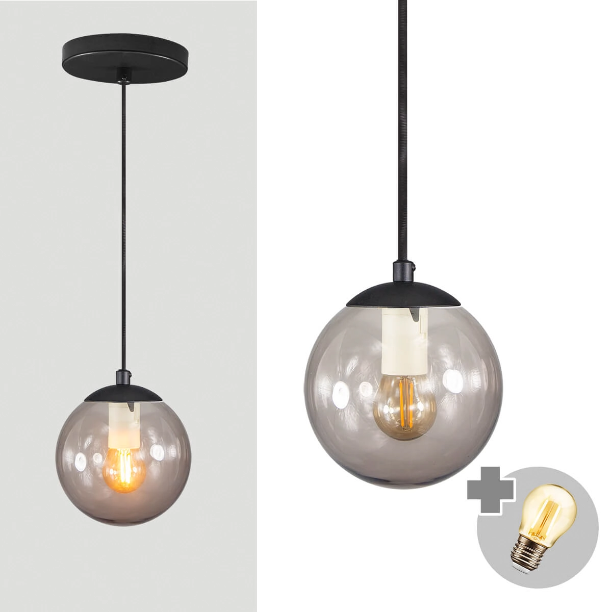 Pendente Preto C/ Globo De Vidro Fumê De 14cm + Led 2w