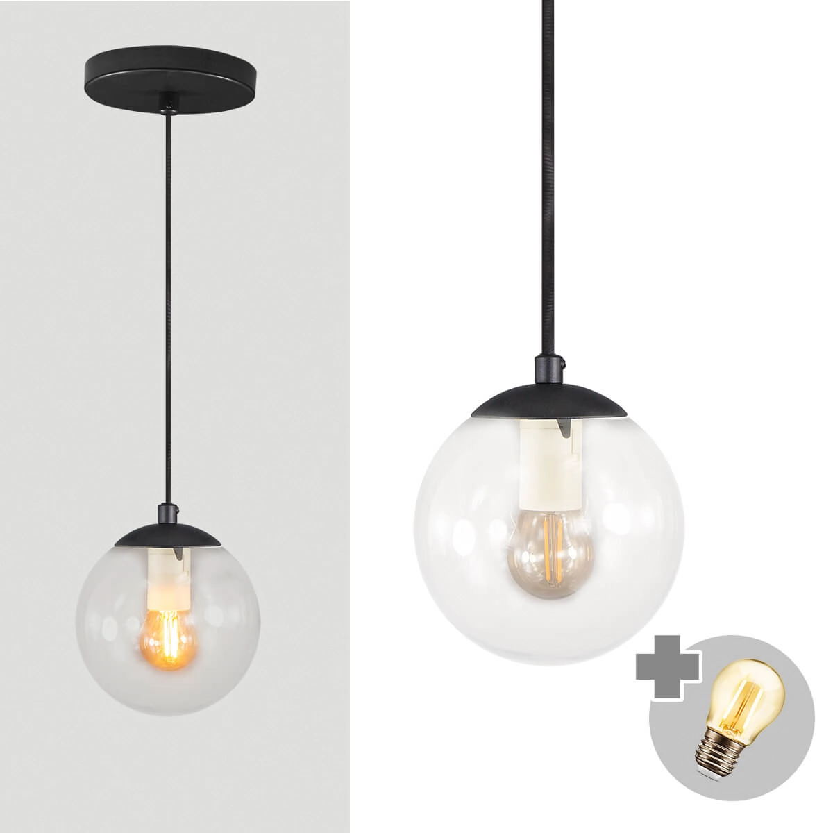 Pendente Preto C/ Globo De Vidro Cristal De 14cm + Led 2w