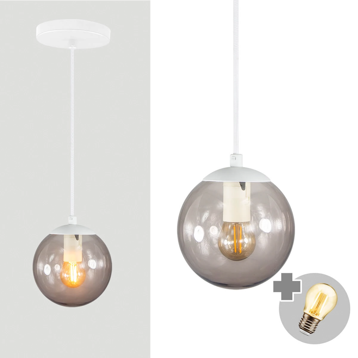 Pendente Branco C/ Globo De Vidro Fume De 14cm + Led 2w