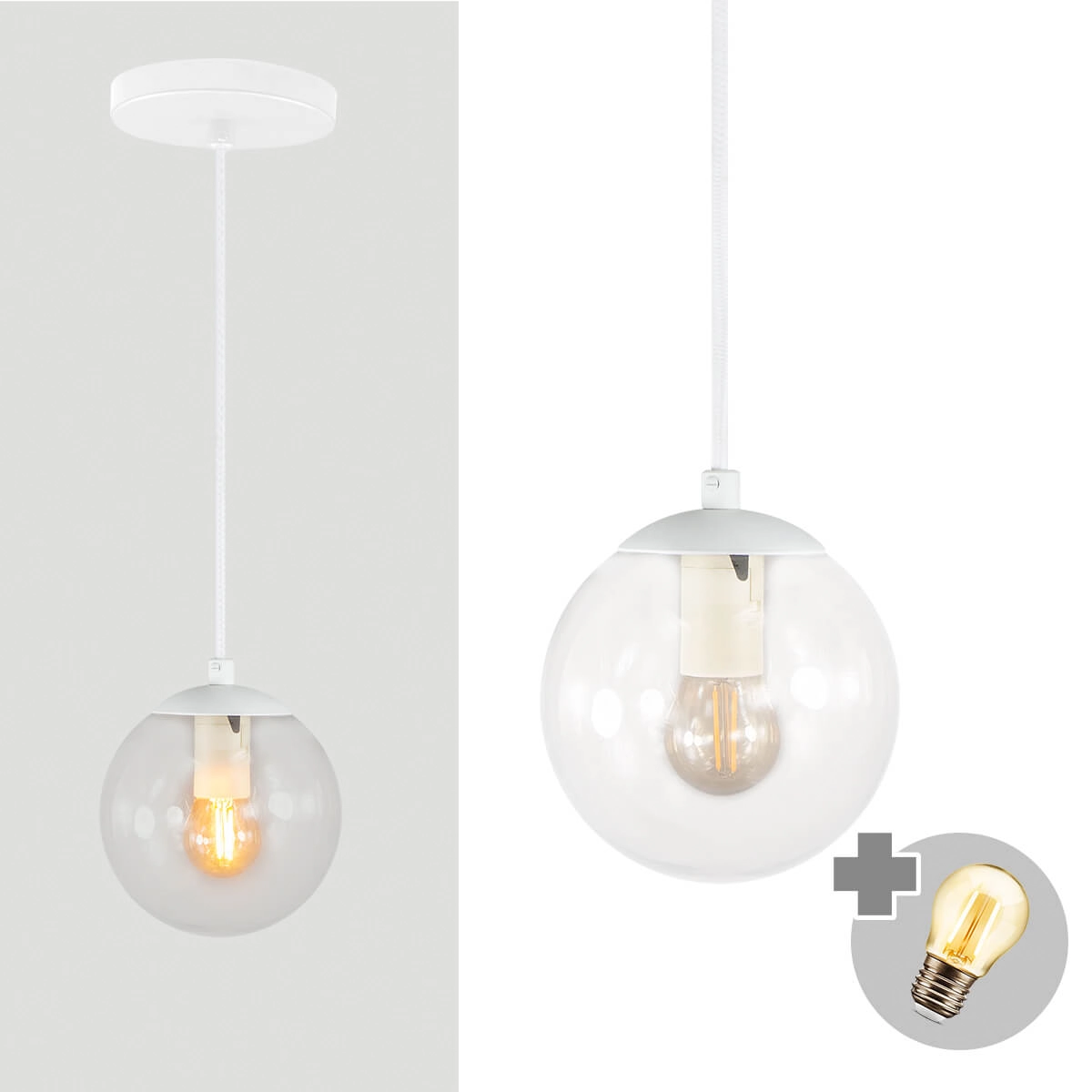 Pendente Branco C/ Globo De Vidro Cristal De 14cm + Led 2w