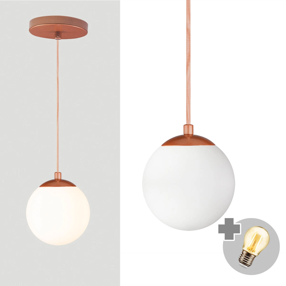 Pendente Bronze C/ Globo De Vidro Branco De 14cm + Led 2w