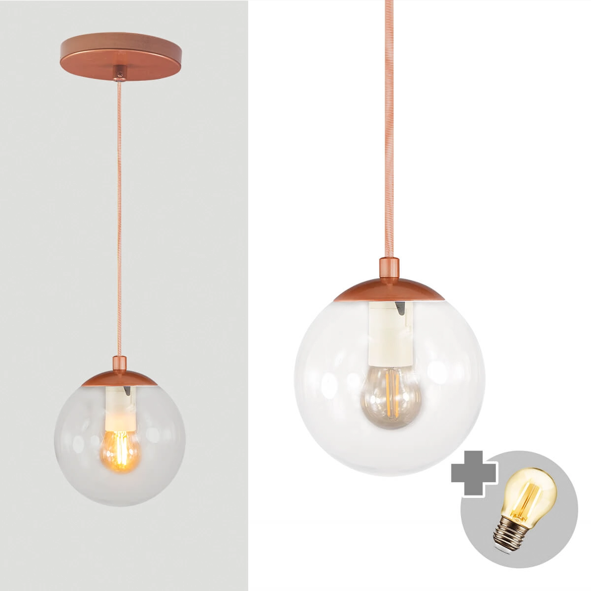 Pendente Bronze C/ Globo De Vidro Cristal De 14cm + Led 2w