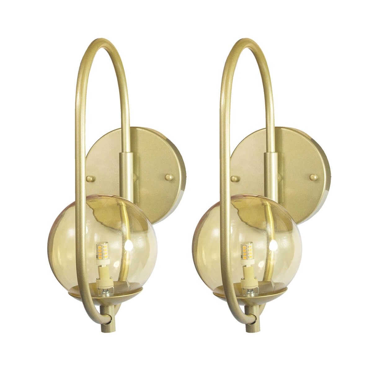 Kit 2 Arandela Online Dourado Globo Vidro Ambar + Led 5w