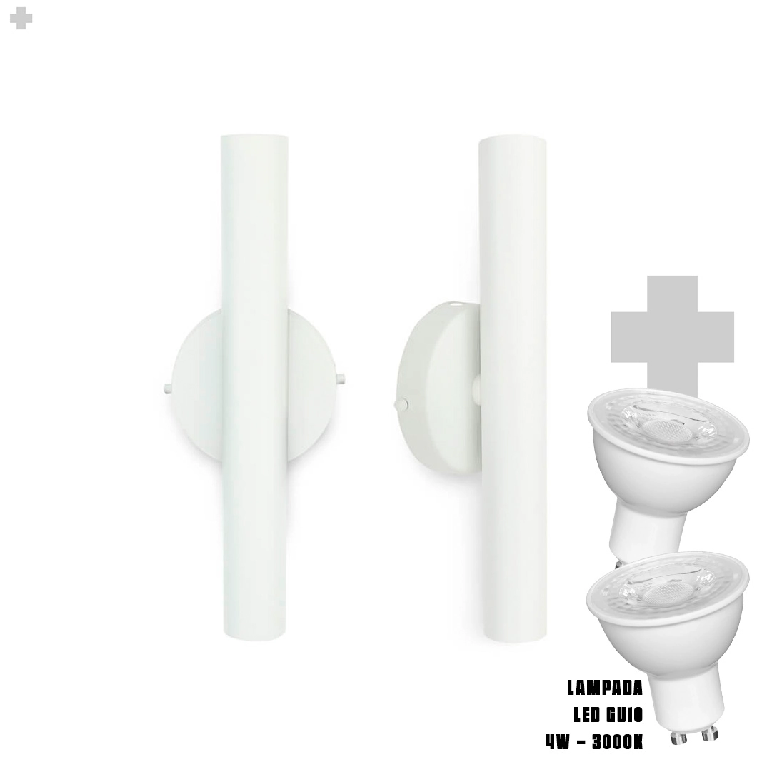 Kit 2 Arandela De Parede Slim Palito - Branco + Led Gu10