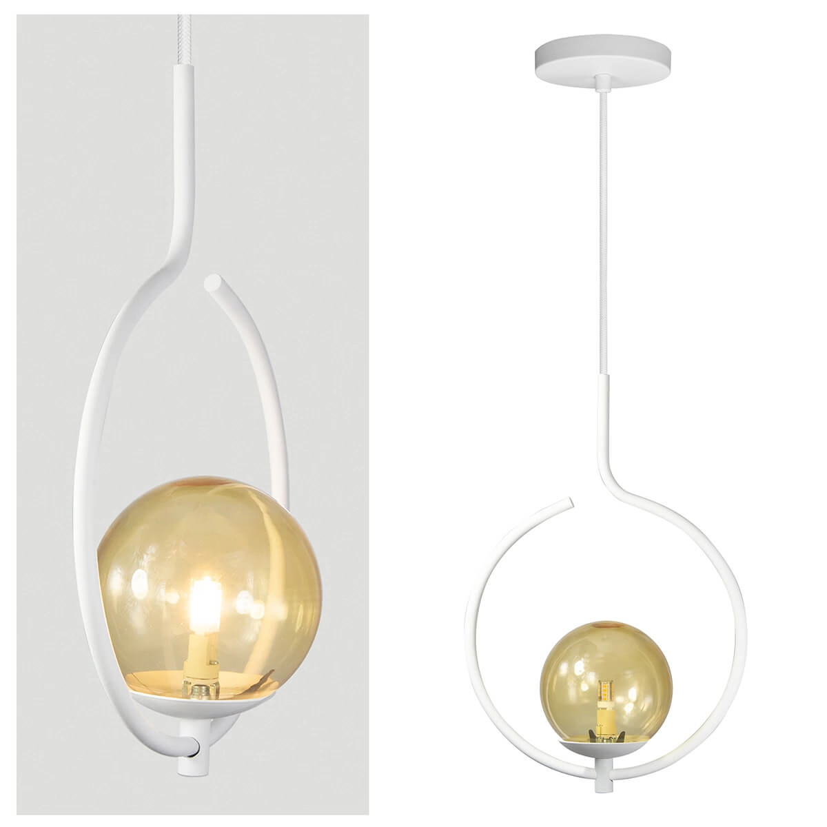 Kit 2 Pendentes On Loop Branco Com Globo De Vidro Ambar