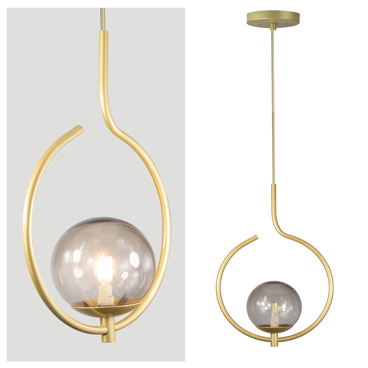 Kit 2 Pendentes On Loop Dourado Com Globo De Vidro Fume