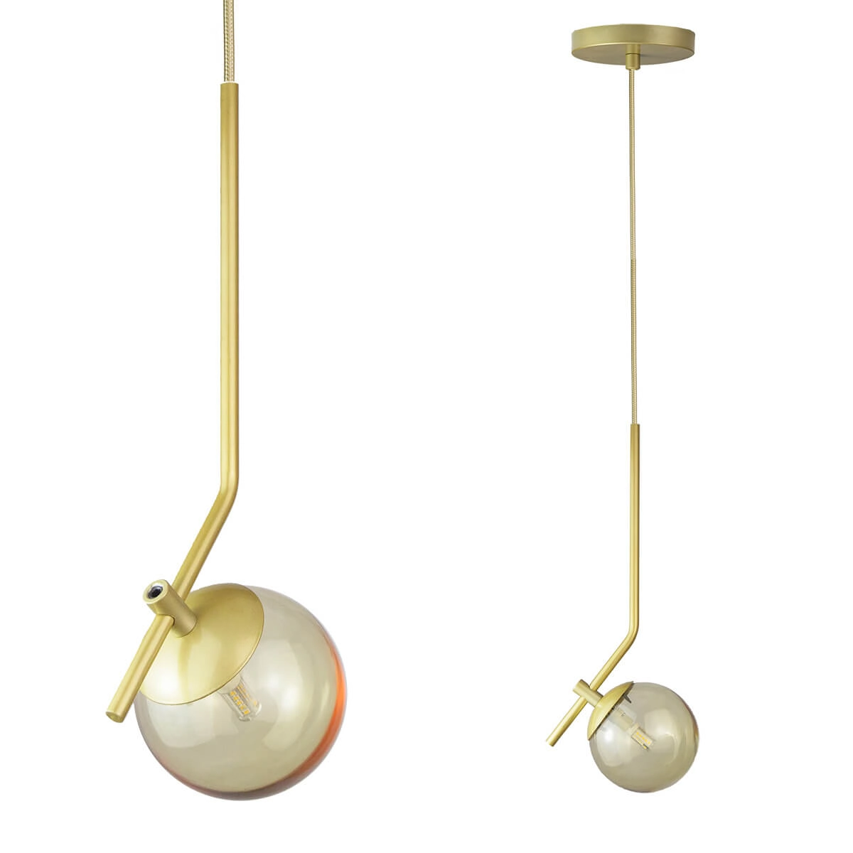 Kit 2 Pendentes On Ly - Dourado Com Globo De Vidro Âmbar