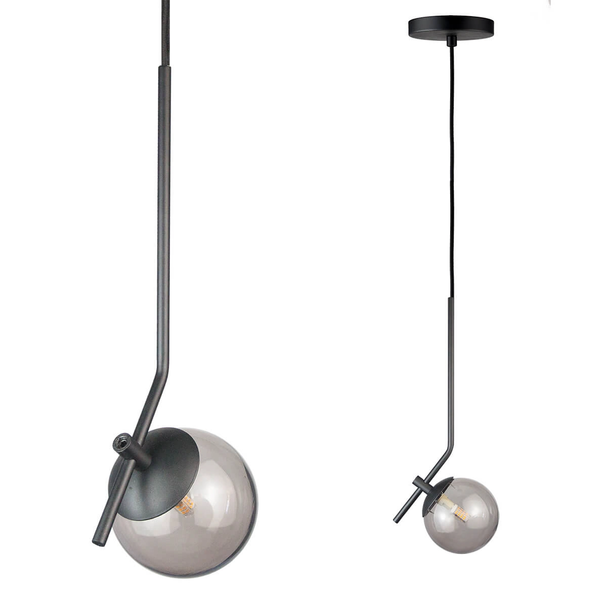 Kit 2 Pendentes On Ly Preto Com Globo Esfera De Vidro Fume
