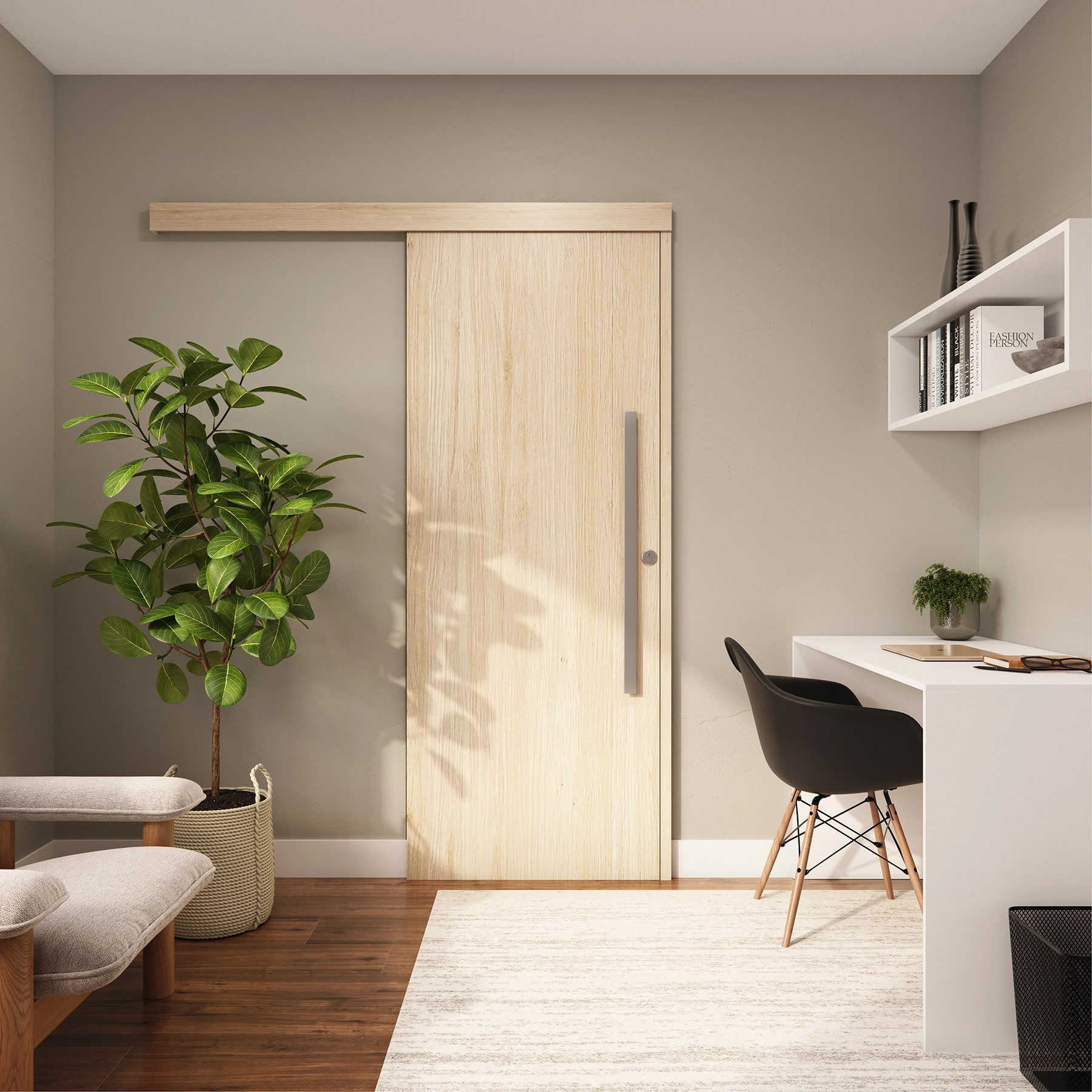 Kit Porta Madeira de Correr Direito|Esquerdo Marfim 210x82cm Sarrafeada com Batente Wood Touch Concrem