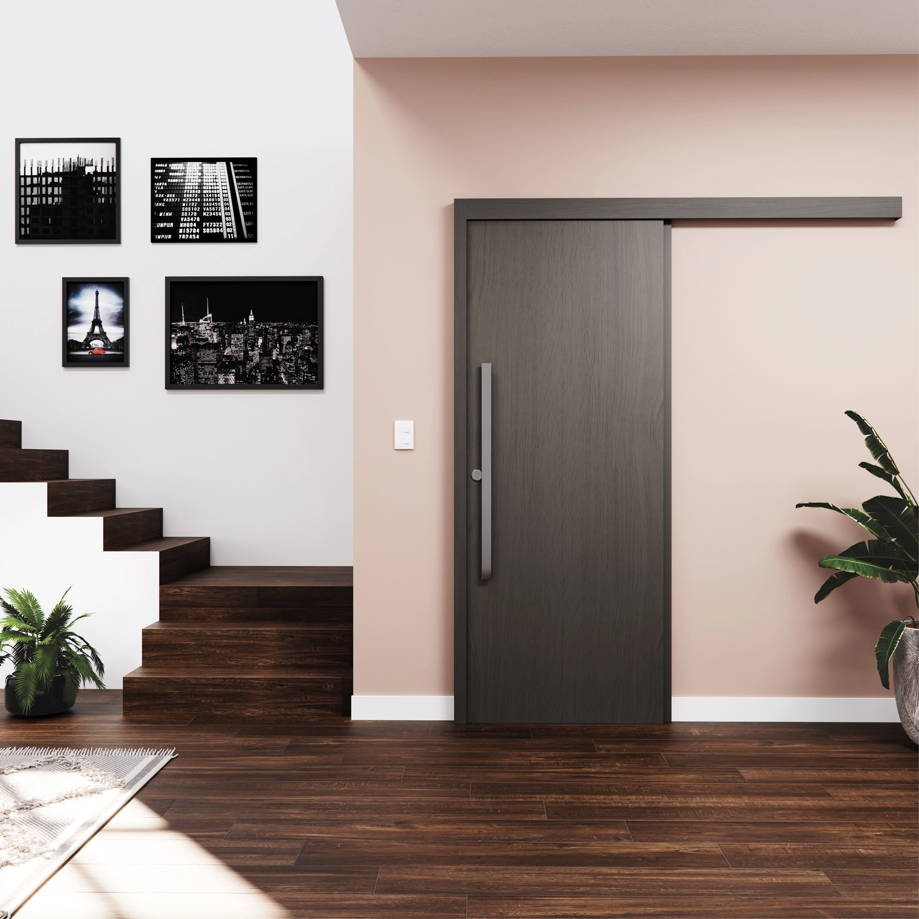 Kit Porta Madeira de Correr Direito|Esquerdo Carvalho 210x92cm Sarrafeada com Batente Wood Touch Concrem