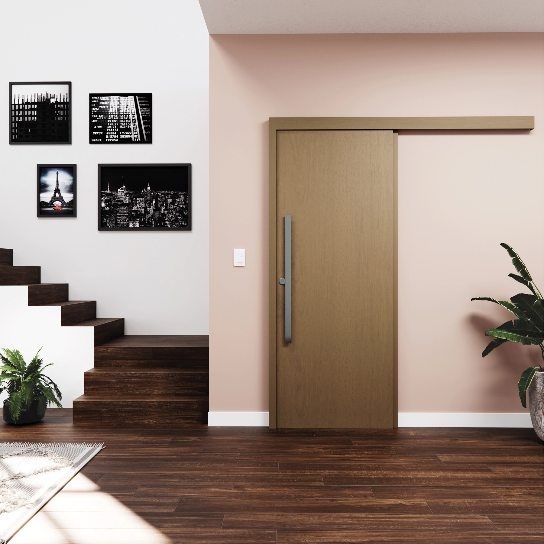 Kit Porta Madeira de Correr Direito|Esquerdo Mocaccino 210x82cm Sarrafeada com Batente Wood Touch Concrem