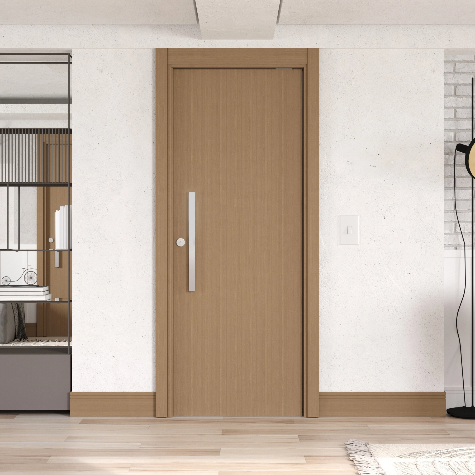 Kit Porta Madeira Pivotante Direito|Esquerdo Mocaccino 210x90cm Sarrafeada com Batente Wood Touch Concrem