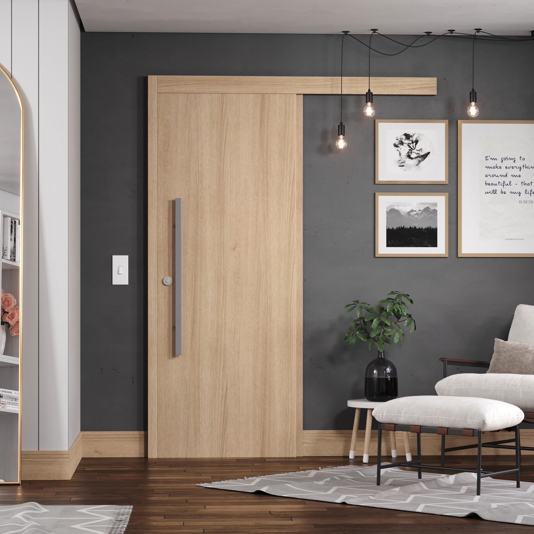 Kit Porta Madeira de Correr Direito|Esquerdo Marfim 210x72cm Sarrafeada com Batente Wood Touch Concrem