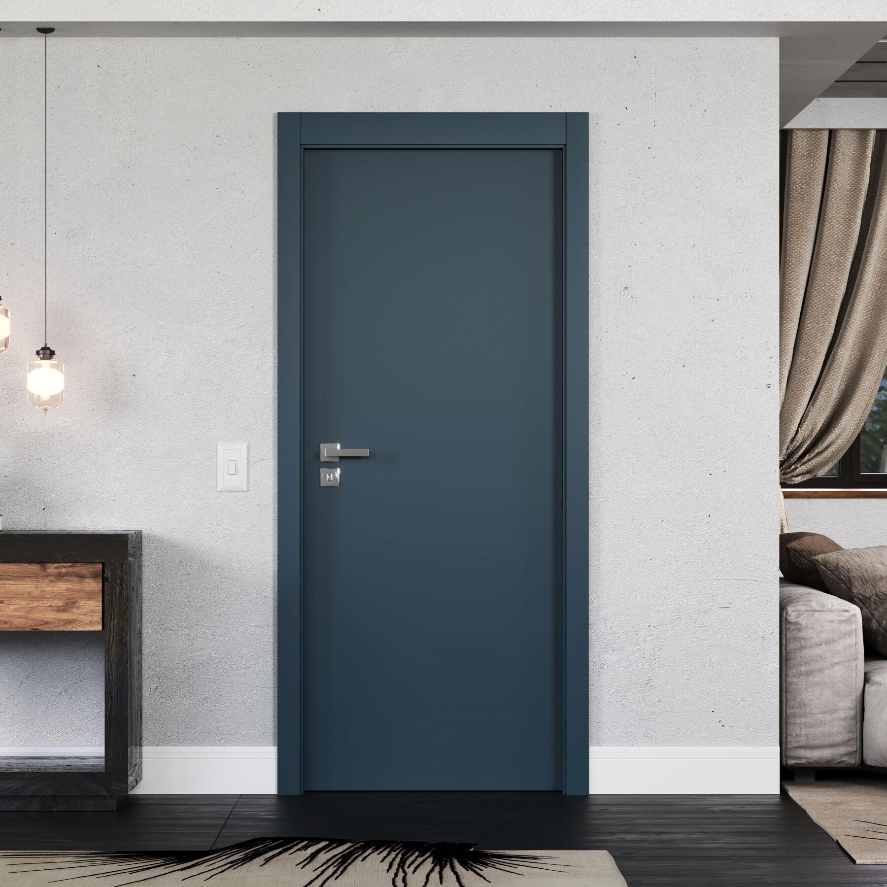 Kit Porta Madeira de Giro Direito|Esquerdo Blue 210x60cm Sarrafeada com Batente Lisa Concrem Wood