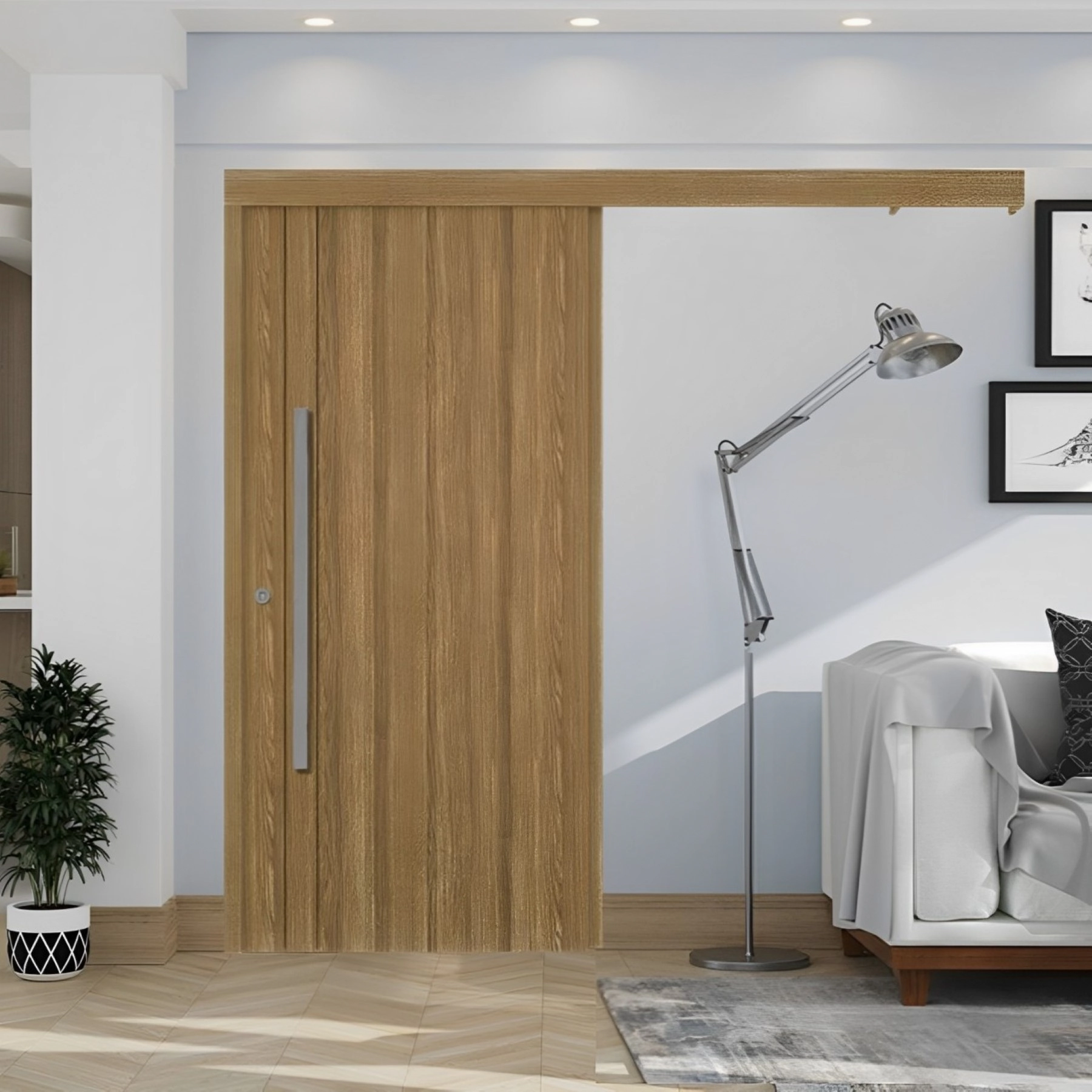 Kit Porta Madeira de Correr Direito|Esquerdo Italy 210x82cm Sarrafeada Batente 12 a 19cm Essenziale Concrem Wood