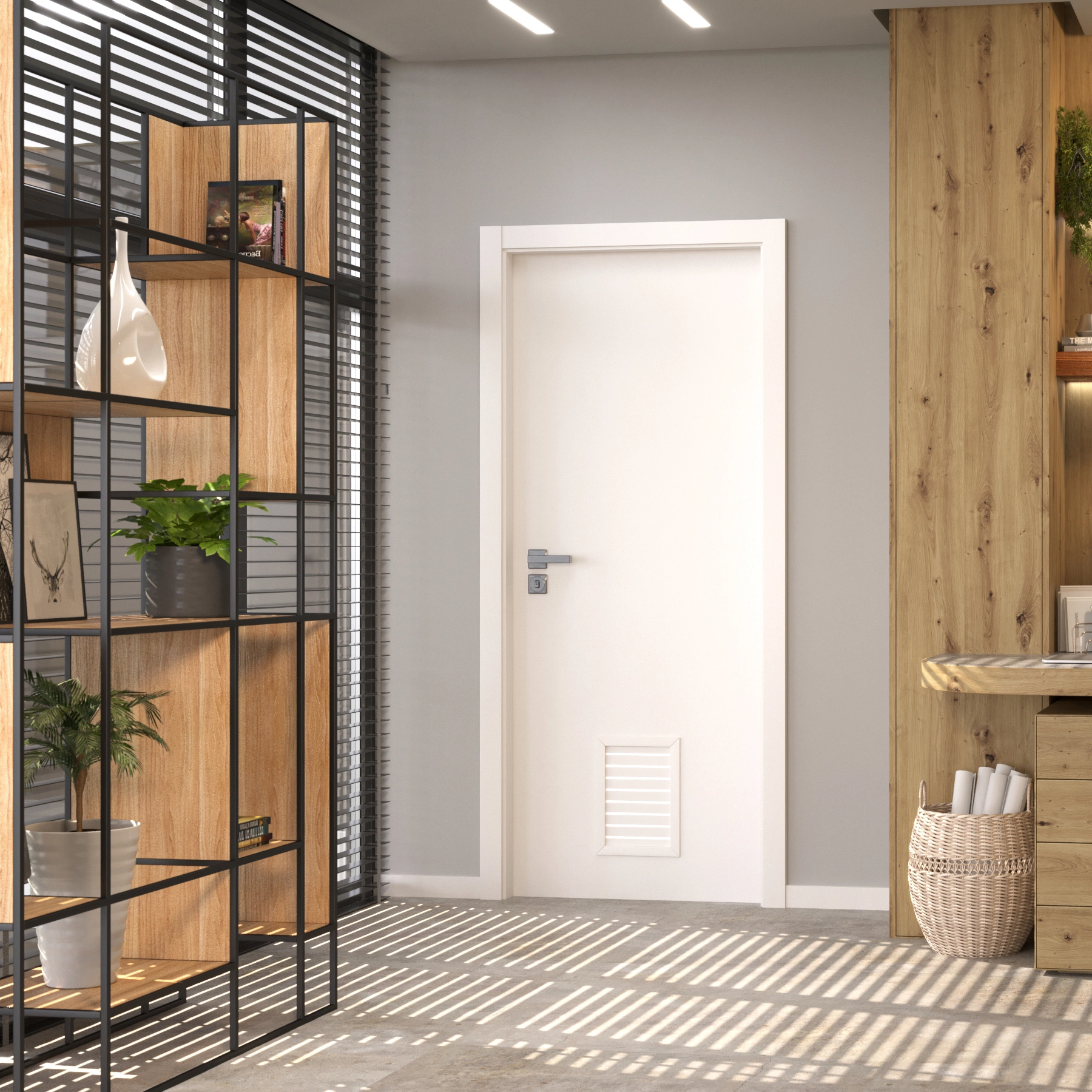 Folha de Porta Madeira Direito|Esquerdo Branco 210x80x3,5cm com Veneziana Sarrafeada Essenziale Concrem