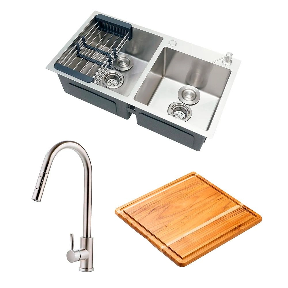 Kit Cuba Para Cozinha Com Tábua De Corte Awá E Torneira Misturador Monocomando Em Aço Inox Iriri - Prata