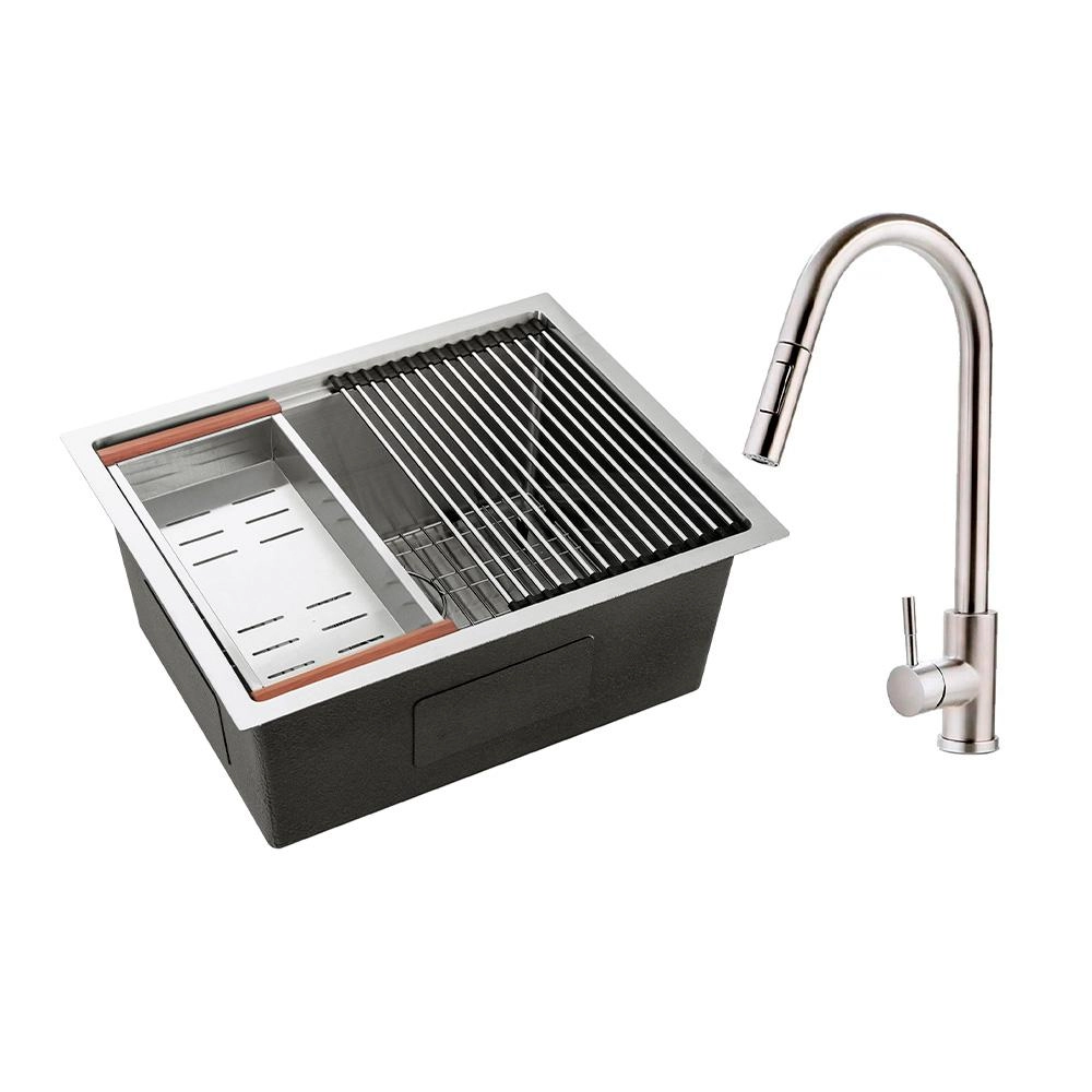Kit Cuba Para Cozinha Gourmet Com Acessórios Aruá E Torneira Para Cozinha Misturador Monocomando Iriri - Prata