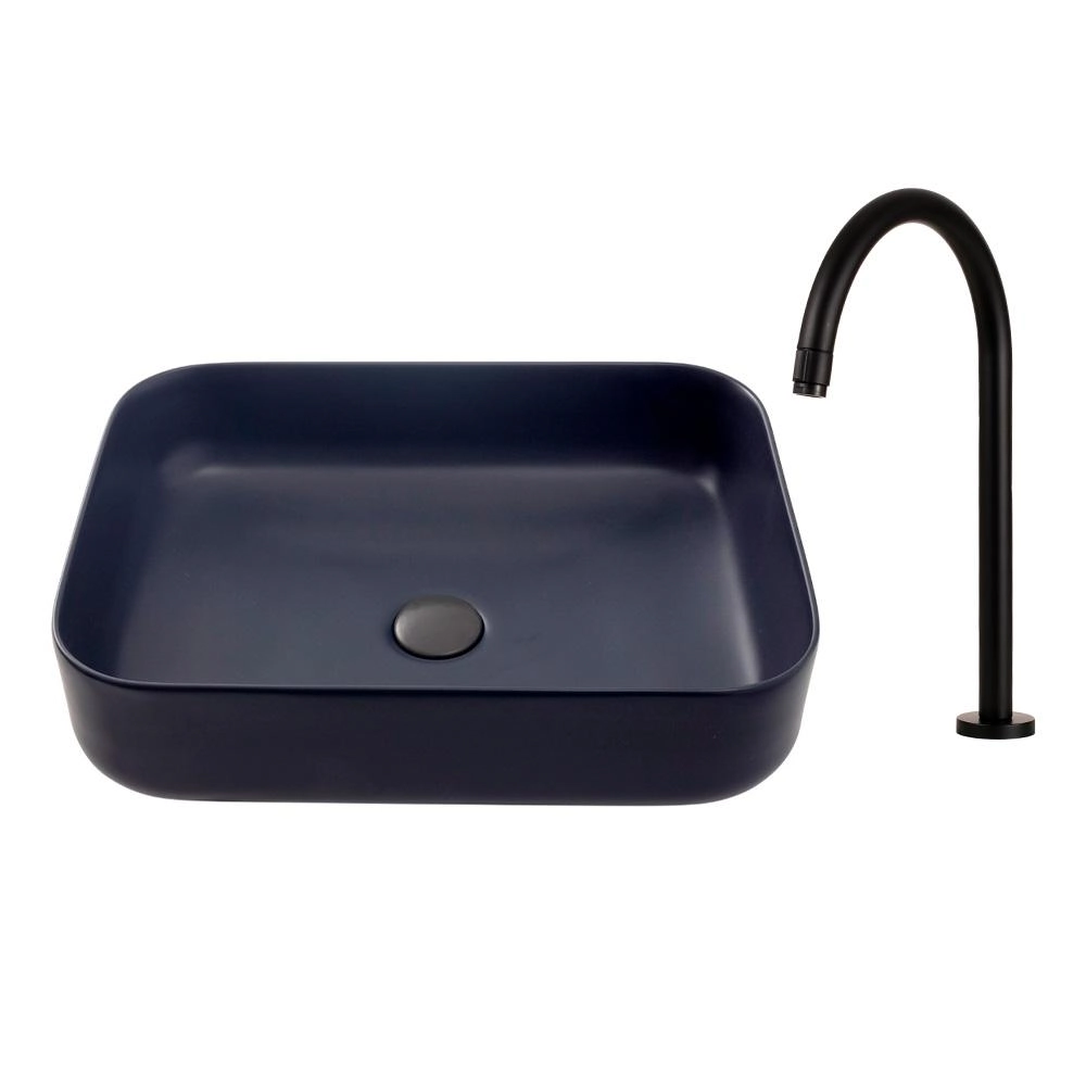 Kit Cuba Para Banheiro Retangular Slim Cerâmica Fluorita E Torneira Alta Javari - Cinza Fosco E Preto
