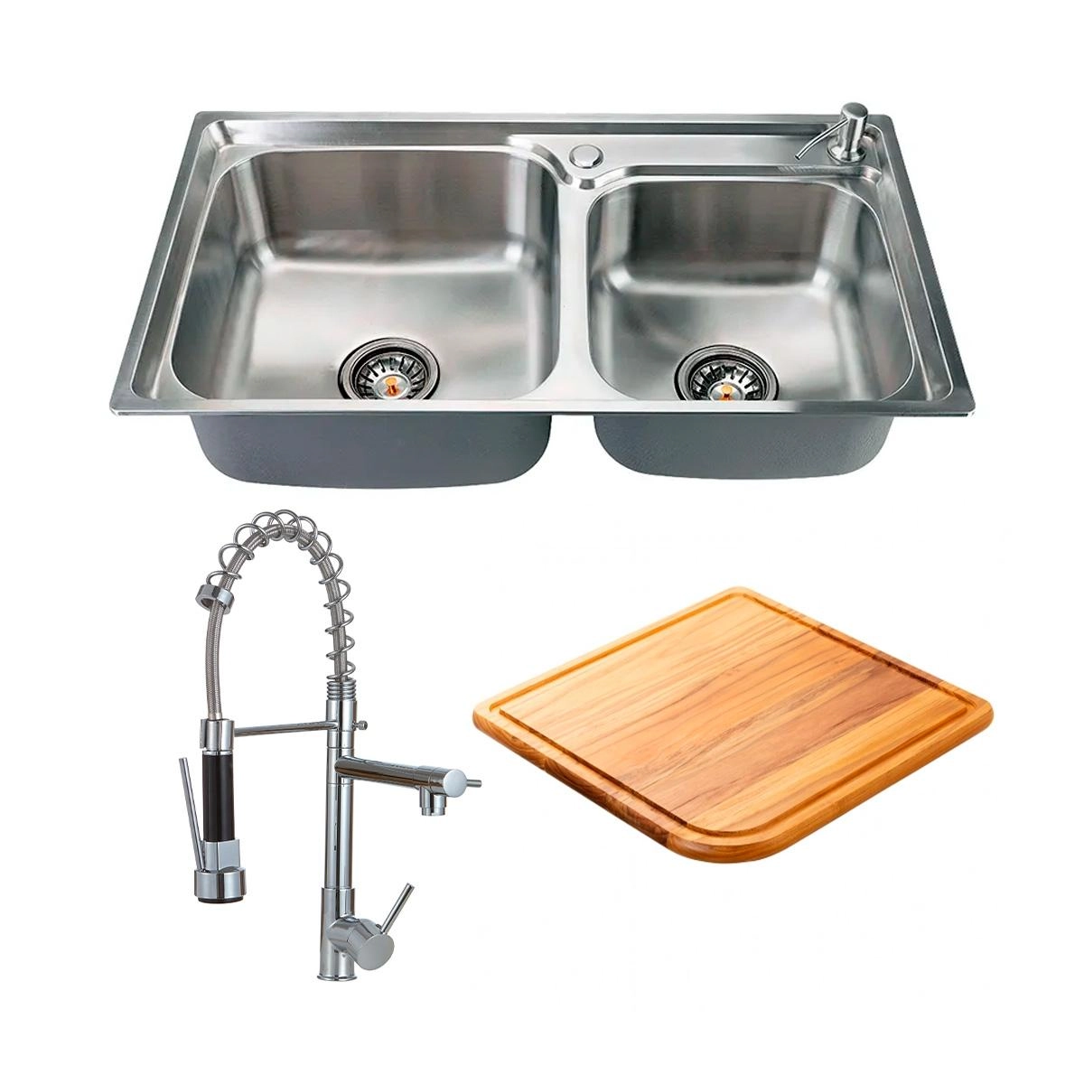 Kit Cuba Dupla Gourmet Para Cozinha Acessórios Aço Inox Torneira Misturador Monocomando E Tábua De Corte Pingoo.casa