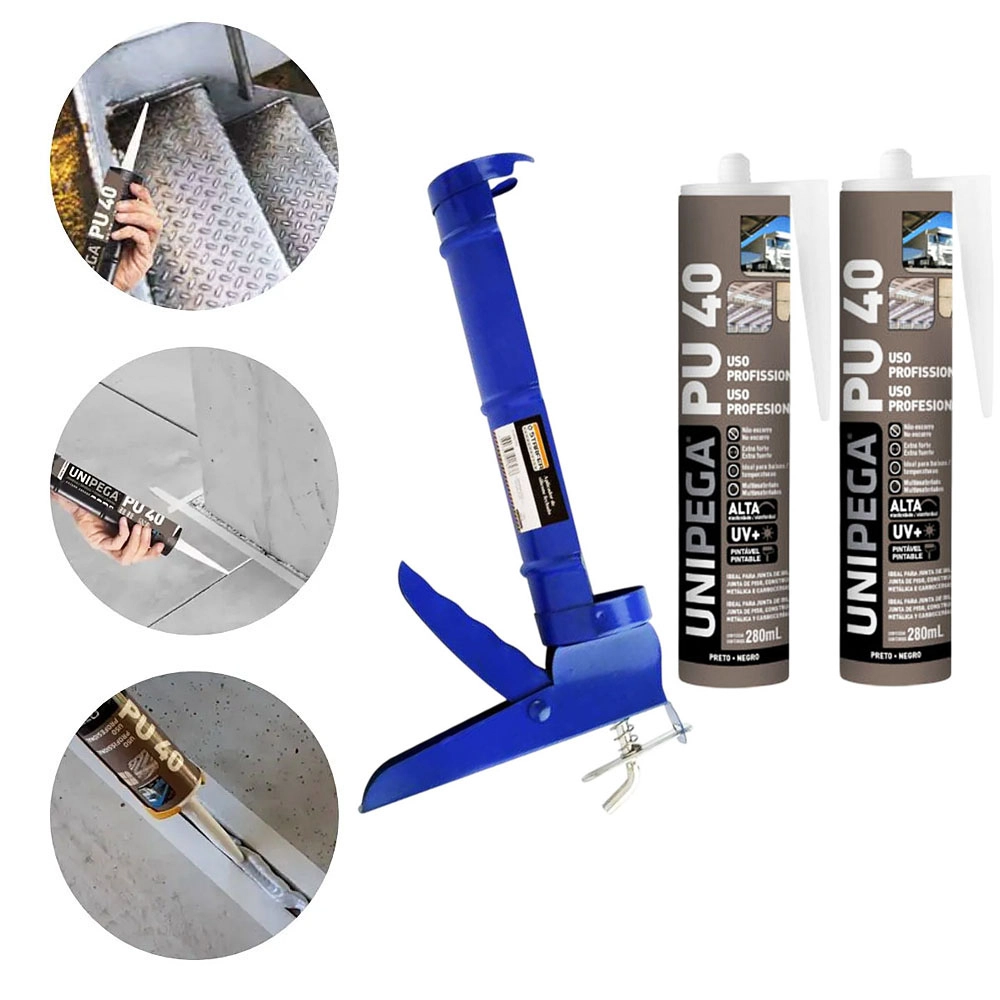 Kit Aplicador De Silicone Fechado + 2 Selante Pu 40 Unipega Preto 400g